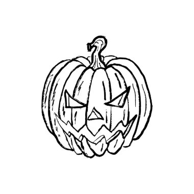 Korkunç Jack o 'Lantern Cadılar Bayramı tasarımı siyah fırça darbesi dokusu beyaza izole edilmiş. Klasik kömür mürekkebiyle elle çizilmiş vektör çizimi. Cadılar Bayramı tebrik kartı, davetiye, sembol