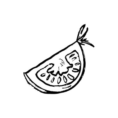 Dilimlenmiş domates ve siyah fırça dokusu beyaza izole edilmiş. Klasik kömür mürekkebiyle elle çizilmiş vektör çizimi. Tarım, tarım ürünü etiketi,