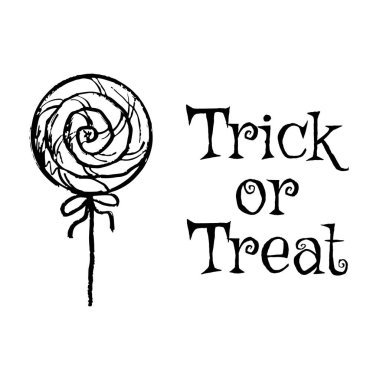 Mutlu Cadılar Bayramı tebrik kartı tasarımları. Lolipop tasarımı ve şeker toplamada siyah fırça darbesi dokusu beyaza izole edilmiş. Klasik kömür mürekkebiyle el çizimi vektör çizimi çizimi