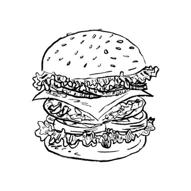 Peynirli büyük hamburger tasarımı, salata yaprağı, siyah fırça darbesi desenli susamlı biftek, beyaza izole edilmiş. Klasik kömür mürekkebiyle elle çizilmiş vektör çizimi. Yazdırma tasarımı, logo, menü