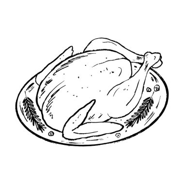 Baharatlı fırında hindi, tabakta biberiye ve siyah fırça dokusu beyaza izole edilmiş. Klasik kömür mürekkebiyle elle çizilmiş vektör çizimi. Bayram yemeği, bayram kutlaması.