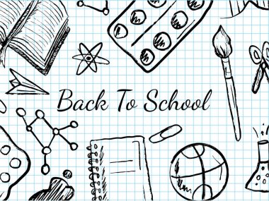 suluboya resimler, kitap, fırça, beyzbol topu, fırça darbesi dokusunda kimya, beyaza izole edilmiş resimli okul posteri. El çizimi vektör çizimi çizimi klasik kömür mürekkebi, yazdırma