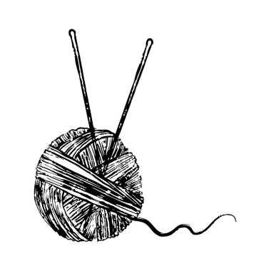 İki iğneli yün yumağı, beyaza izole edilmiş siyah fırça desenli örgü konsepti. Klasik kömür mürekkebiyle elle çizilmiş vektör çizimi. Hobi, el yapımı kıyafetler.