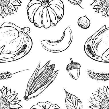 Kızarmış hindi, balkabağı, mısır ve sonbahar yapraklarıyla kusursuz desen. Klasik şükran günü duvar kâğıdı. El çizimi vektör çizimi çizimi. Yazdırma tasarımı, mutfak tekstili, sonbahar