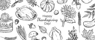 Şükran Günü bayrağınız kutlu olsun. Kızarmış hindi, yaprak, mantar, balkabağı turtası ve beyaz üzerine siyah fırça darbesi. Klasik kömür mürekkebiyle el çizimi vektör çizimi çizimi