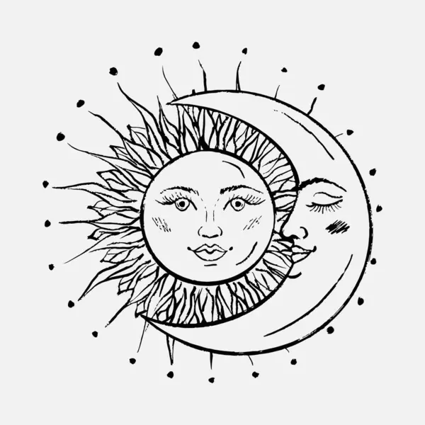 Güneş ve hilal ayının el çizimi göksel ahenk ve kozmik birliği sembolize ediyor. Vintage boya kalemi tarzında vektör çizimi. Ruhanilik, tarot kartları