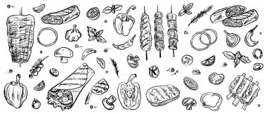 Barbekü ızgara yemek koleksiyonu. Beyaz arkaplanda vektör çizimleri. Shawarma, donör kebap, pide, et şiş, biftek, pirzola, sebze