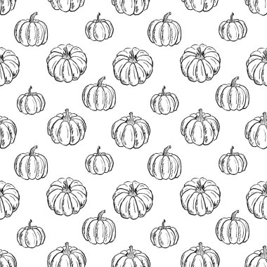 Beyaz üzerine izole edilmiş siyah fırça dokunuşlu kabak desenli kusursuz desen. Klasik kömür mürekkebiyle elle çizilmiş vektör çizimi. Cadılar Bayramı kağıt kaplama tasarımı, mendil baskısı, sonbahar