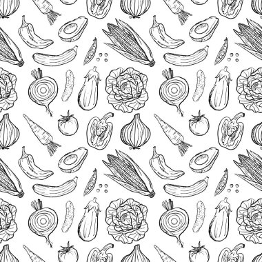 Pancar kökü, salatalık, havuç, mısır, siyah fırça desenli patlıcan desenli dikişsiz, beyaz üzerine izole edilmiş sebze deseni. Klasik kömür mürekkebiyle el çizimi vektör çizimi çizimi
