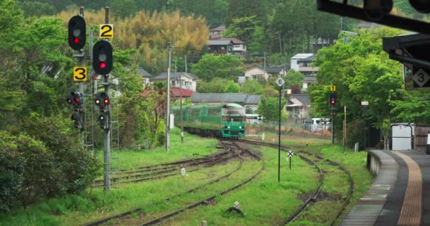 Kyushu Progettato Treno Yufuin Mori Diretto Parcheggiare Tra Paesaggi Verdi — Video Stock