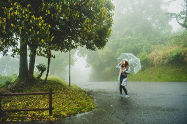 Beppu, Oita, Kyushu, Japonya 'da yağmurdan sonra sisli yolda şemsiyeli kadın gezgin