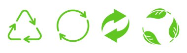 Sembolü yeşille geri dönüştür. Geri dönüşüm oku. Çevre sembolü. Yeşil yaprak ve ok daireler çiziyor. Geri dönüşüm simgesi seti. Yaprak çizimi. Stok vektör illüstrasyonu