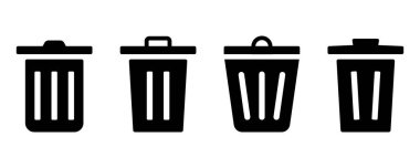 Çöp kutusu simgesi seti. Çöp kutusunun sembolünü geri dönüştür. Çöp tenekesi silueti. Sembolü siyaha dönüştür. Çöp tenekesi sembolü kabartmalı. Stok vektör illüstrasyonu