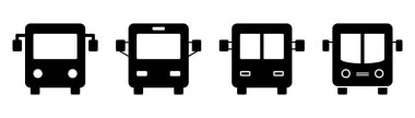 Otobüs simgesi seti. Okul servisi simgesi siyahlar içinde. Otomatik sembol. Siyah otobüs ikonu. Taşıma sembolü. İzole edilmiş otobus resmi. Stok vektör illüstrasyonu