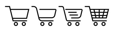 Alışveriş arabası ikonu. Trolley sembolü. Araba simgesi seti. Taslak alışveriş arabası. Doğrusal tramvay sembolü. Stok vektör illüstrasyonu