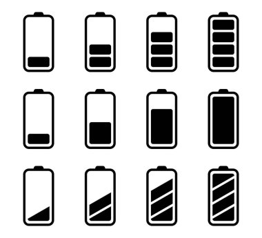 Batarya durumu ikonu. Telefon pil simgesi seti. Mobil pil seviyesi siyah. Telefon şarj göstergesi siyah. Stok vektör illüstrasyonu