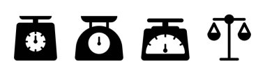 Ağırlık ölçeği simgesi. Gıda kabartması şeklinde. Yemek için ölçek. Siyah ile denge sembolü. Stok vektörü