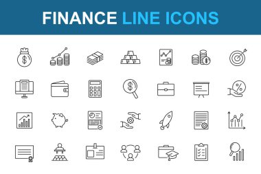 Finans çizgisi simgeleri. İş simgesi seti. Para sembolü koleksiyonu. İş hattı vektör çizimi. Finans simgeleri hizada.