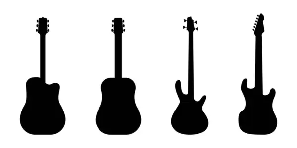 Set Mit Gitarrensymbolen Akustik Und Bassgitarre Ikone Der Gitarrensilhouette Schwarz — Stockvektor