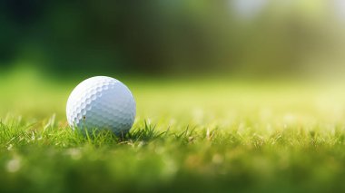 Bulanık arka planda yeşil çimlerde golf topu