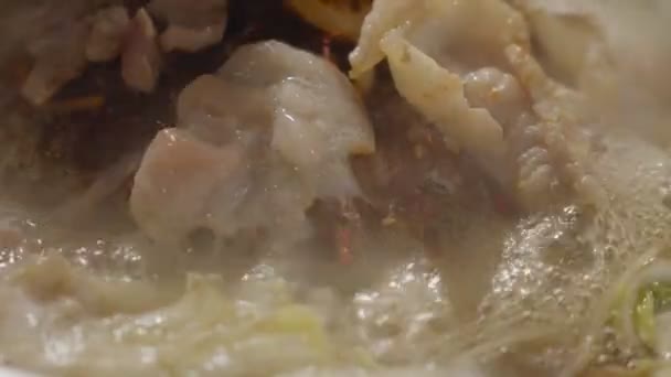 Grilled Pork Stove Thai Food Buffet Hands Holding Chopsticks Grilling — Stok video