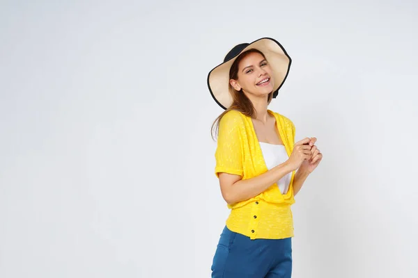 stock image Young  woman in colorful clothes and sun hat, isolated over white background.Lifestyle summer concept.
