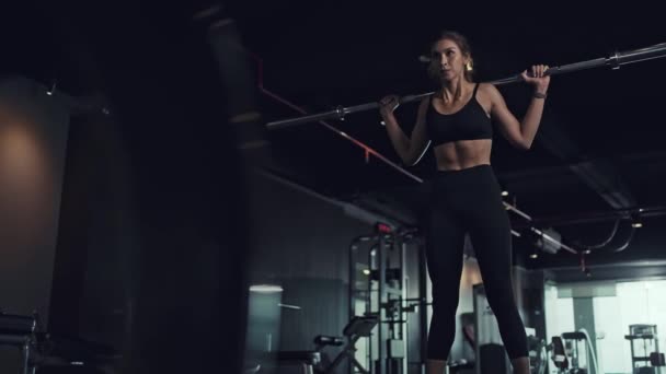 Young Woman Doing Squats Barbell Her Back Shoulders Gym — Stock Video
