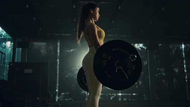 Young Woman Doing Deadlift Heavy Bar Gym Strong Female Athlete — Stock Video