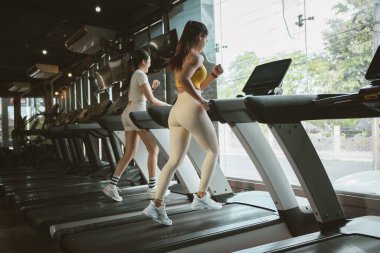 Spor salonunda spor yaparken iki genç kadın koşu bandında koşuyor..