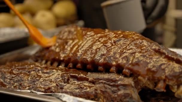 Gros Plan Côtes Porc Grillées Grillées Alimentation Rue — Video