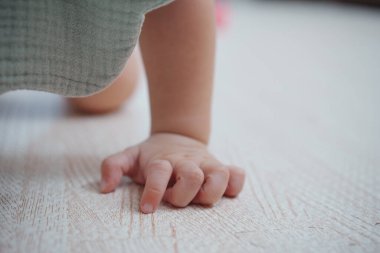 Ahşap kaplamalı zeminde bebek ellerini kapat. Oturma odasının zemininde çıplak bir bebek var. Emekleyen gelişme.