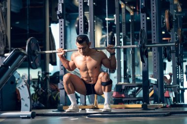 Sportif vücut geliştirici ya da halterci spor salonunda halterle ağırlık kaldırma egzersizi yapıyor. Spor salonunda spor yapmak..