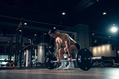 Sportif vücut geliştirici ya da halterci spor salonunda halterle ağırlık kaldırma egzersizi yapıyor. Spor salonunda spor yapmak..