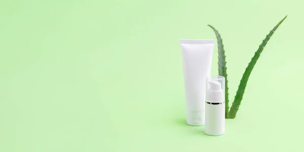Blank cosmetics tube and dispenser with aloe vera on background.Organic cosmetic concept,large banner with negative space.