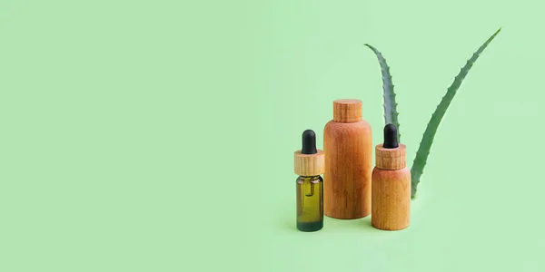 Group of wooden cosmetics tubes with aloe vera on background.Organic cosmetic concept,large banner with negative space.