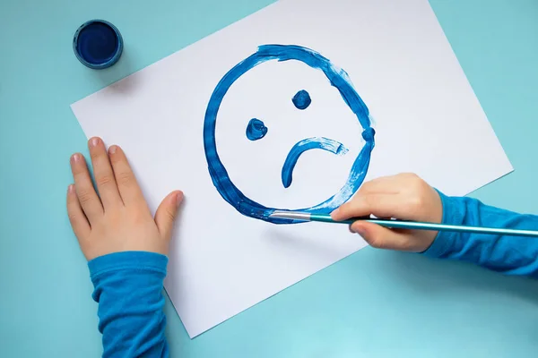 Top View Drawing Sad Face Blue Monday Mental Health Concept — Stock Photo, Image