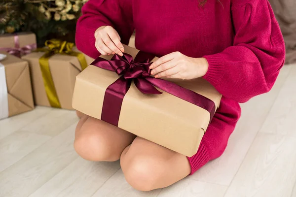 Anonymous Woman Holding Gift Box Hands Festive Concept — Stock Photo, Image