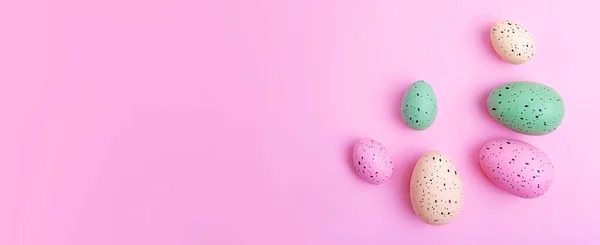 Frame Multicolored Eggs Pink Background Easter Concept Large Banner Negative — Foto Stock
