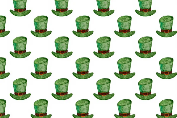 手绘绿色帽子的无缝图案 圣帕特里克节的概念 — 图库照片