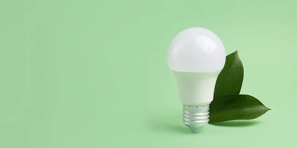 Led bulb with frsh green leafs,green energy concept.Large banner with negative space.