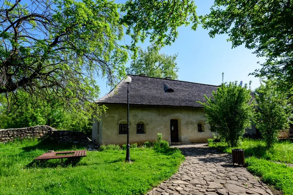Régi Hagyományos Román Ház Egy Kertben Fák Virágzik Egy Napos — Stock Fotó
