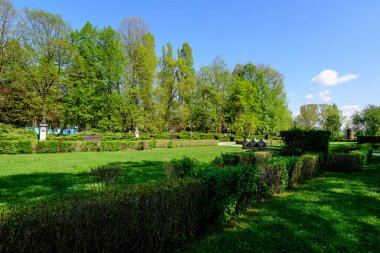 Romanya 'nın Targoviste şehrinden, beyaz bulutlar ve mavi gökyüzü ile güneşli bir bahar gününde, Chindia Park' taki (Parcul Chindia) canlı yeşil ağaçlar ve çimlerle kaplı manzara
