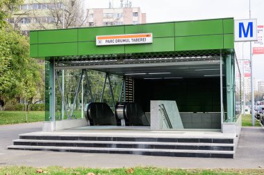 Bucharest, Romania, 14 November 2021: Main entry to Parc (Park) metro station in Dr Taberei or Drumul Taberei neighbourhood
