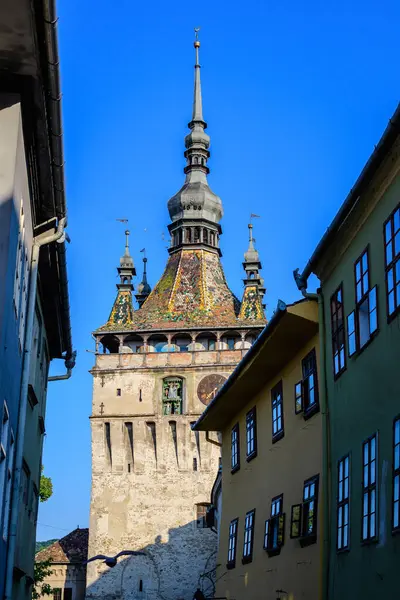 Transilvanya 'nın Transilvanya (Transilvanya) bölgesindeki UNESCO Dünya Mirası Bölgesi olan Sighisoara' nın eski merkezindeki ortaçağ kalesinin Saat Kulesi veya Konsey Kulesi, güneşli bir yaz gününde Romanya 'nın