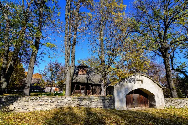 Romanya 'nın geleneksel evi, güneşli bir sonbahar gününde Romanya' nın Herastrau Park kentindeki Köy Müzesi 'nde yeşil, sarı, turuncu ve kahverengi yapraklı çok sayıda eski ağaçla çevrili.