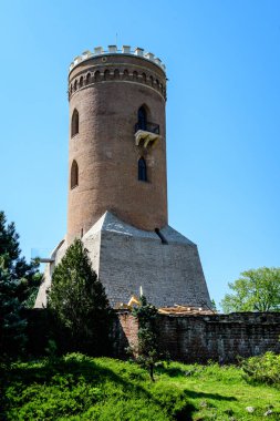 The Chindia Tower or Turnul Chindiei, old buildings and ruins at Targoviste Royal Court (Curtea Domneasca) in Chindia Park (Parcul Chindia) in the historical part of the city  in a sunny spring  day, in Romania clipart