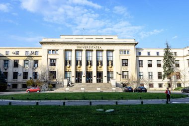 Bucharest, Romania, 6 November 2021: Main building and entry of the Law School University (Facultatea de Drept) in a sunny autumn day