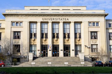 Bucharest, Romania, 6 November 2021: Main building and entry of the Law School University (Facultatea de Drept) in a sunny autumn day