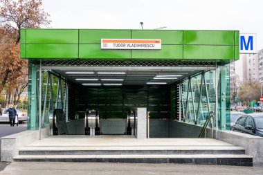 Bucharest, Romania, 14 November 2021: Main entry to Tudor Vladimirescu metro station in Dr Taberei or Drumul Taberei neighbourhood clipart