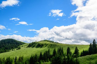 Romanya 'daki Bucegi Dağları' nın (Muntii Bucegi) manzarası açık mavi gökyüzü ve beyaz bulutlarla güneşli bir yaz gününde